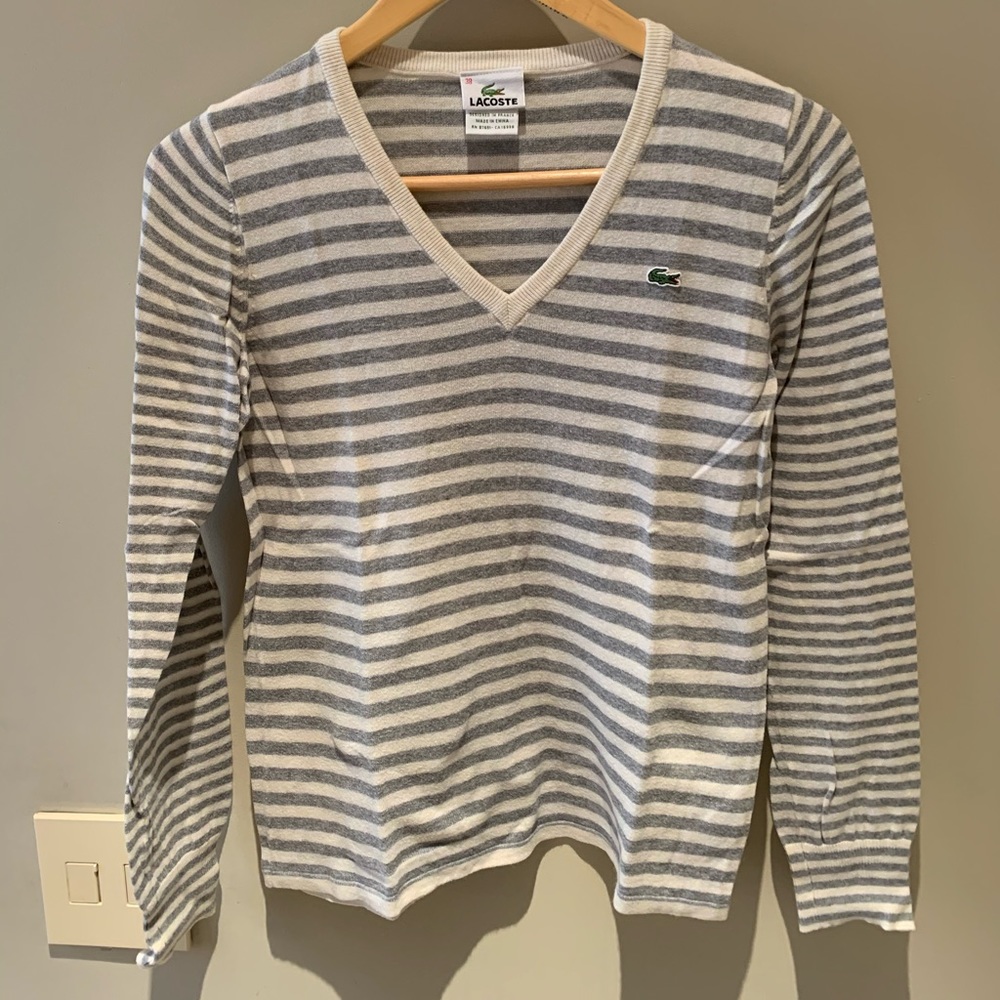 Lacoste white and grey striped v-neck sweater